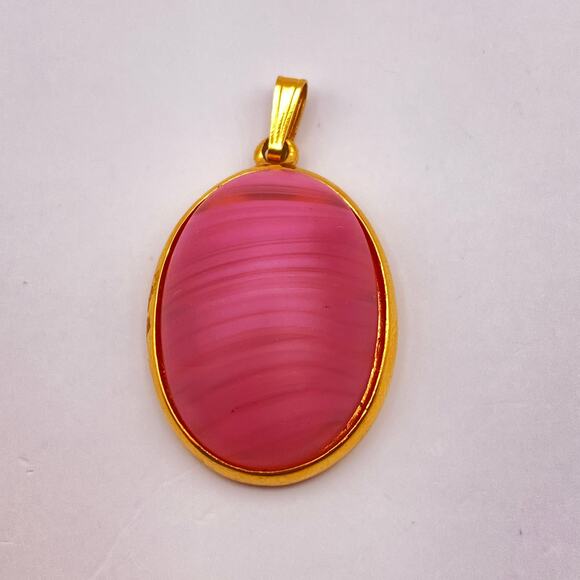 Vintage Signed NAPIER Pink Art Glass Oval Pendant 10K Gold Plated - Picture 1 of 4